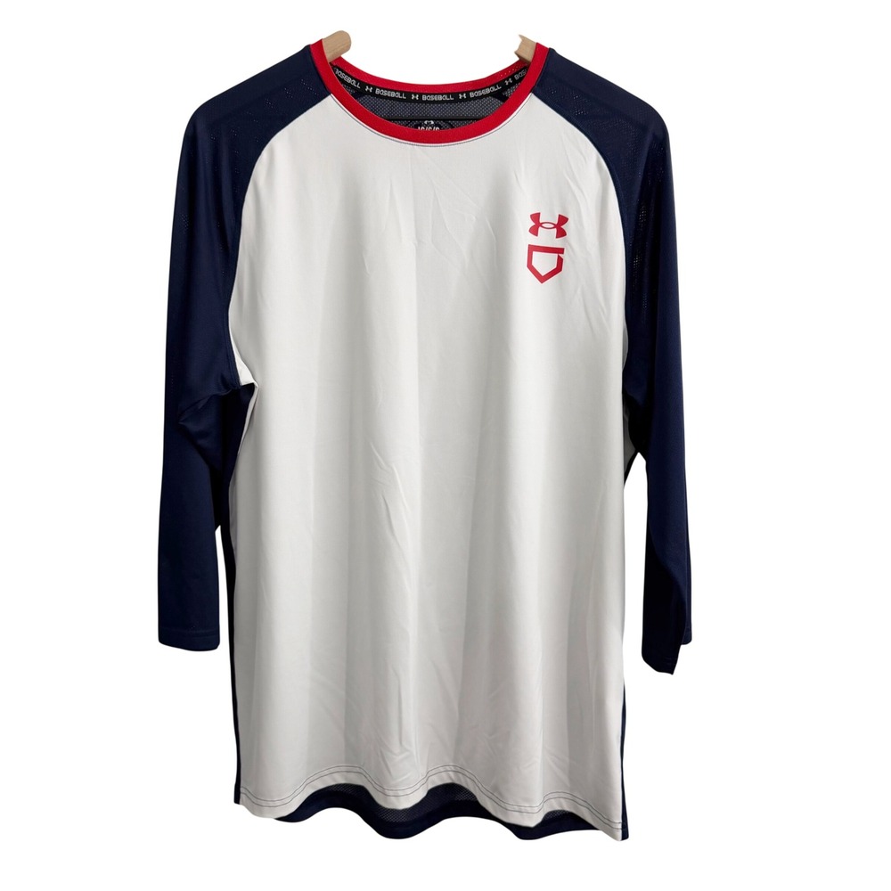 Under Armour Athletic T-Shirt White Blue Large Baseball Activewear Athletic Gym